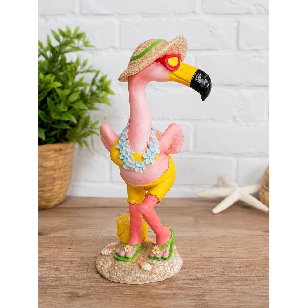 Pink Flamingo Beach Figurine Straw Hat Sunglasses Lei Tropical Coastal Decor